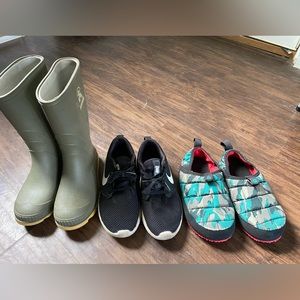 Size 2 shoes: Kamik rain boots, Nike golf shoes, North Face cabin slippers